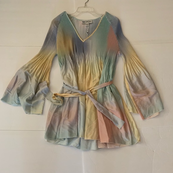 WILDFOX Prima Baby Doll Pleated Watercolor Rainbow Dress Pastel Pride Balletcore - Picture 2 of 9